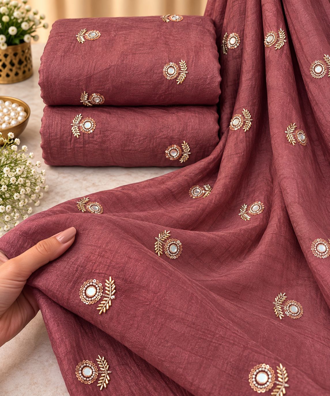 Dusty Rose Mirror Butti Embroidered Organza