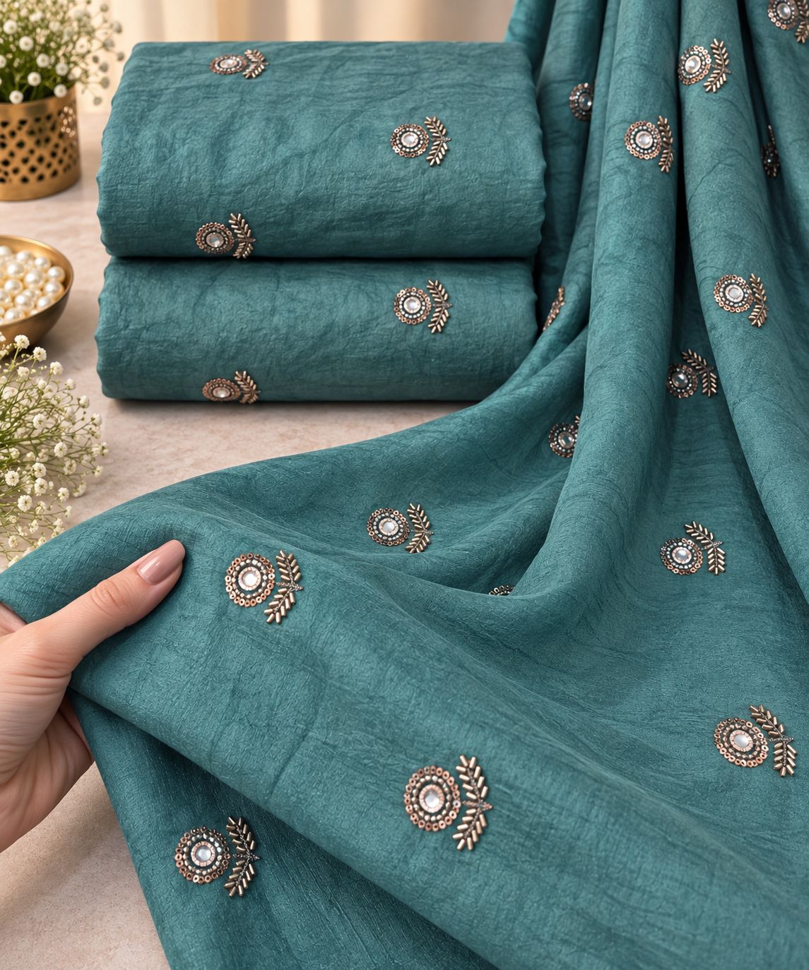 Teal Blue Mirror Butti Embroidered Organza