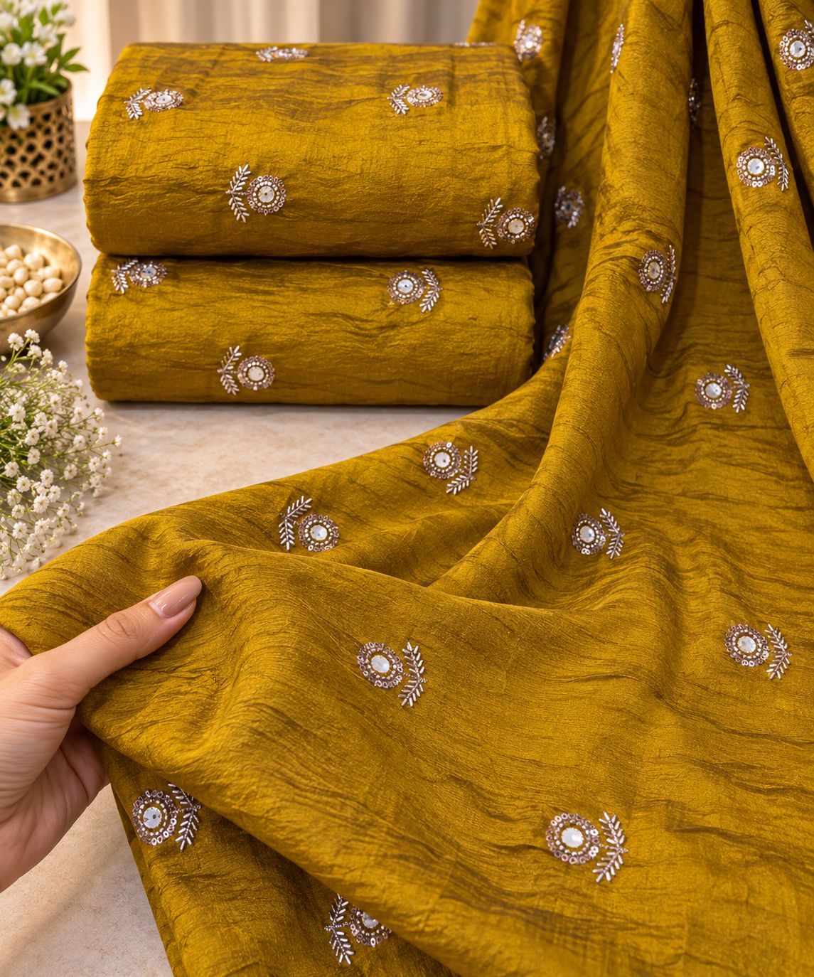 Mustard Gold Mirror Butti Embroidered Organza