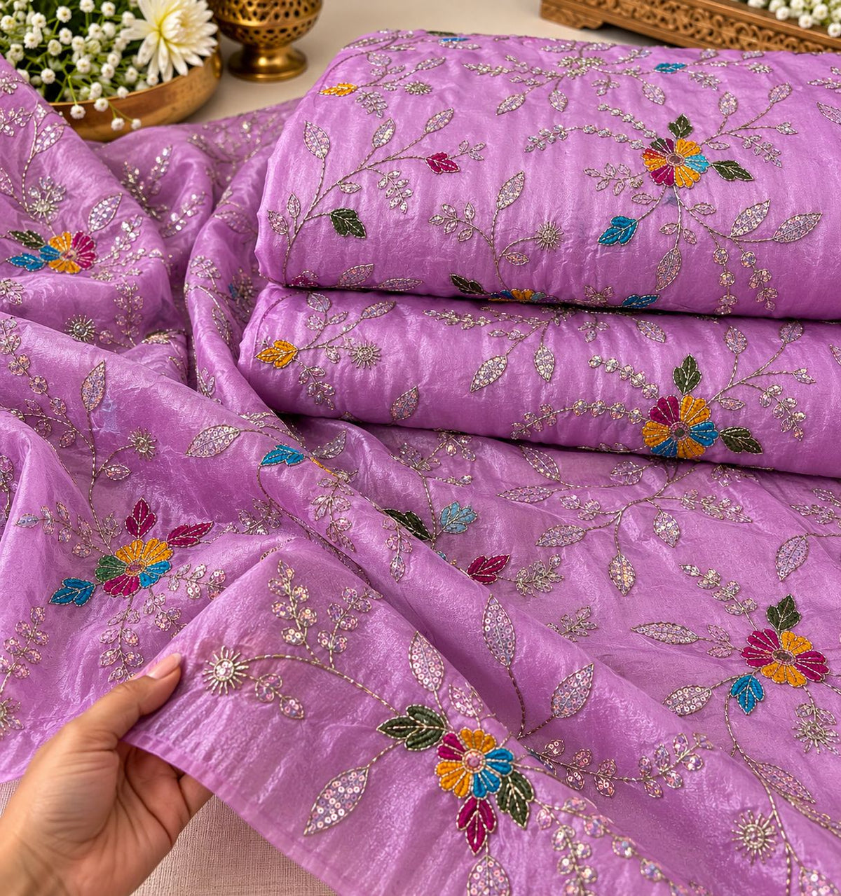 Orchid Purple Multicolor Floral Sequin Embroidered Organza