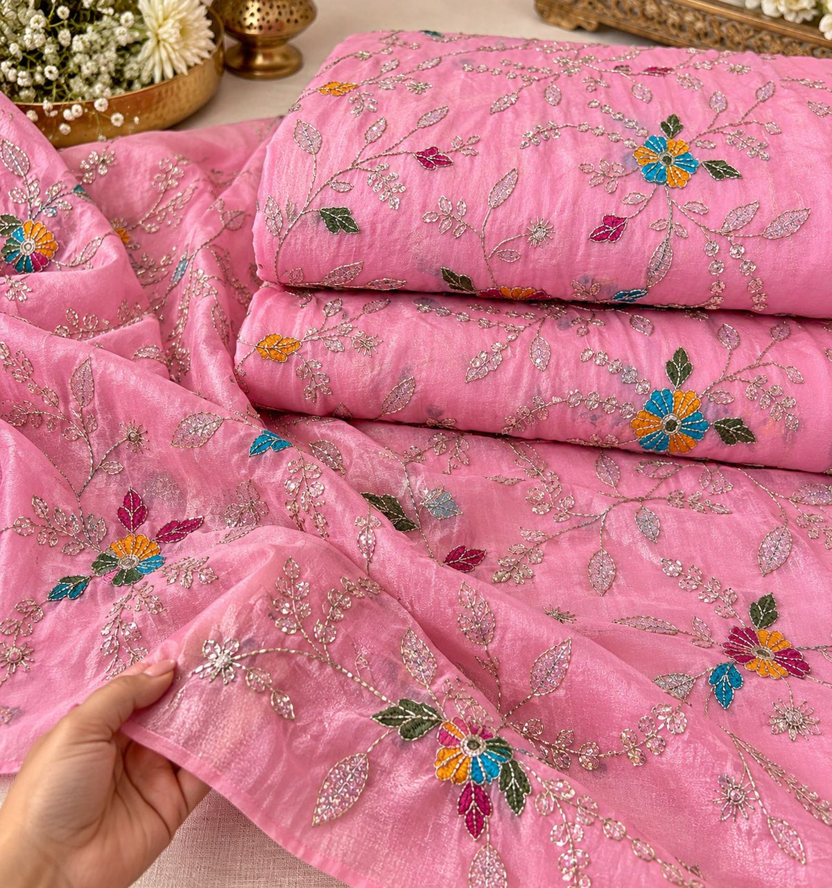 Blush Pink Multicolor Floral Sequin Embroidered Organza