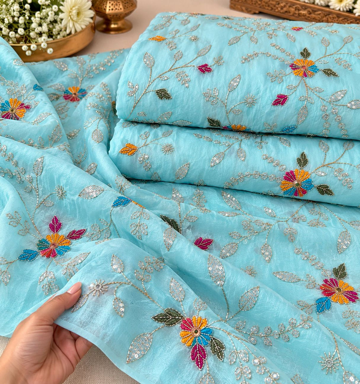 Aqua Blue Multicolor Floral Sequin Embroidered Organza