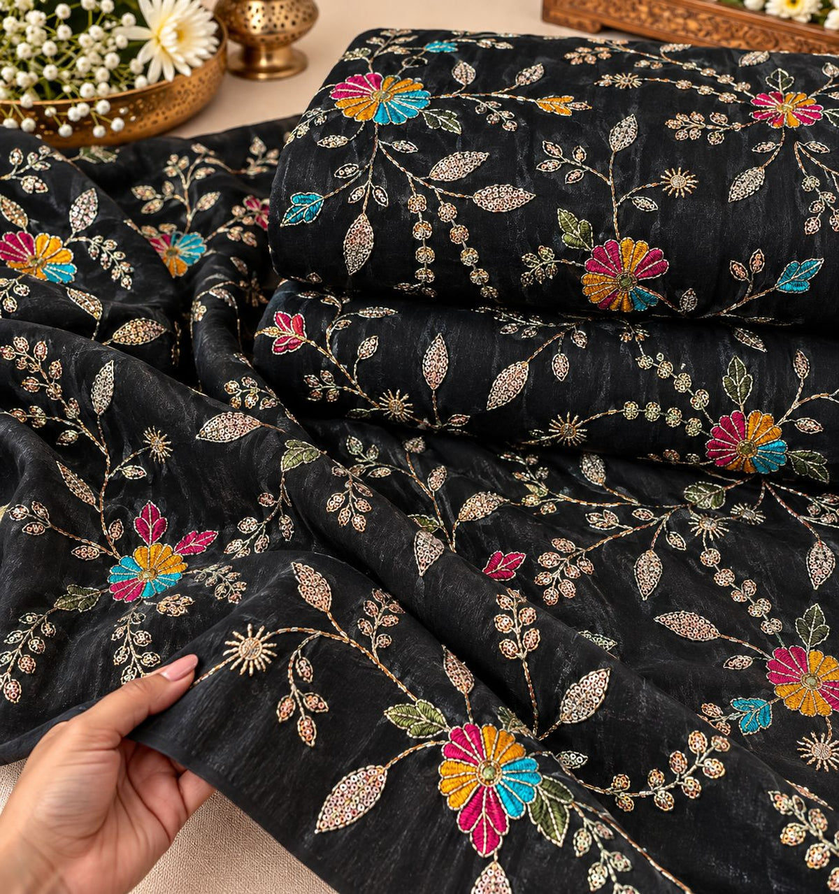 Black Multicolor Floral Sequin Embroidered Organza