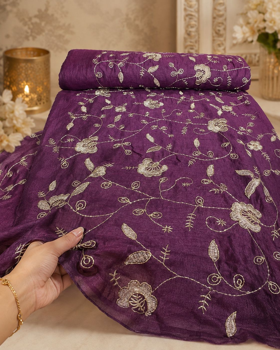 Rose Pink Multicolor Floral Sequin Embroidered Designer Fabric
