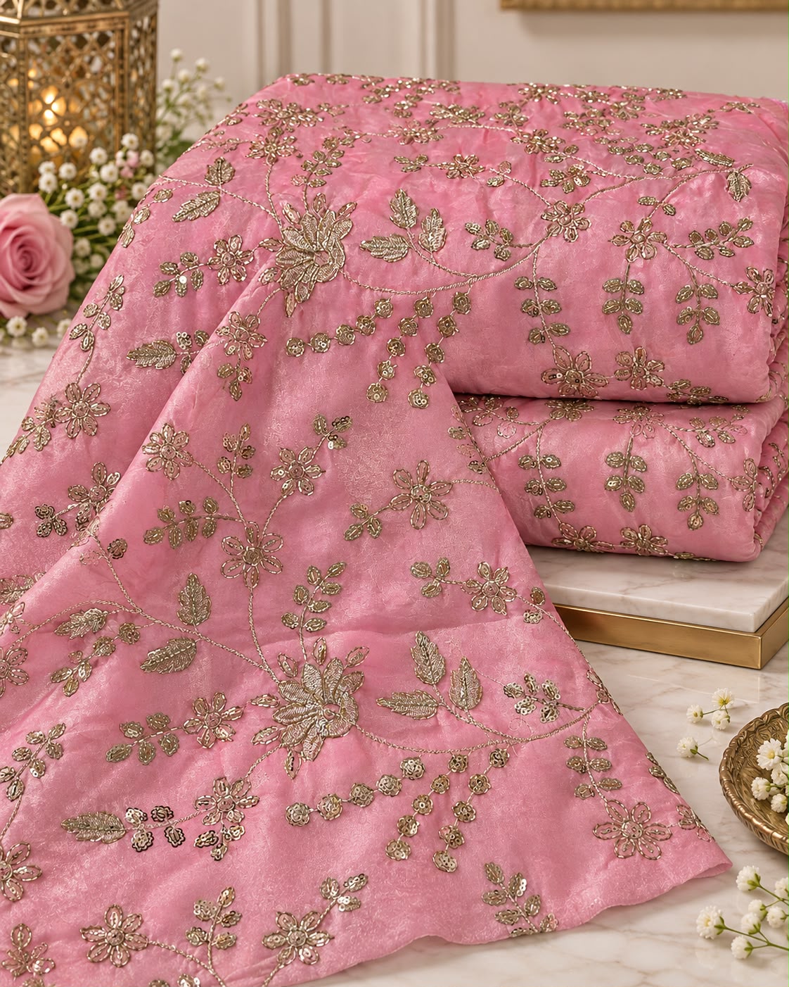 Rose Pink Floral Zari Sequin Embroidered Organza