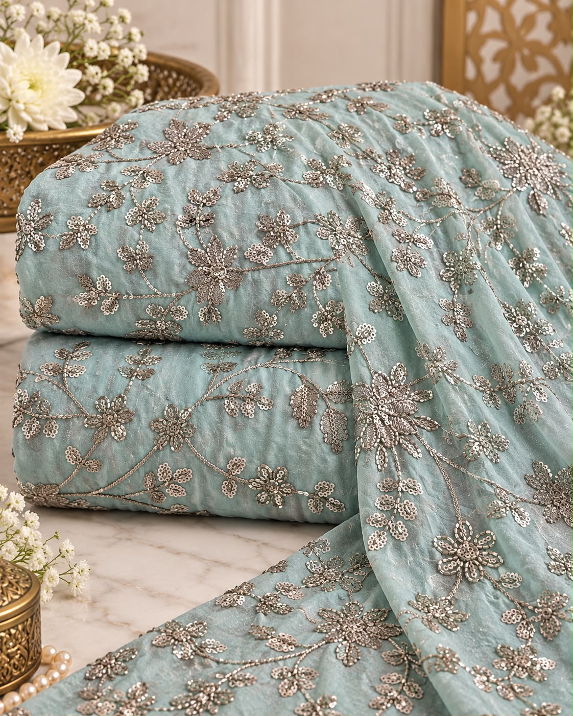Mist Blue Floral Silver Sequin Embroidered Organza