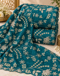 Deep Teal Floral Zari Sequin Embroidered Organza