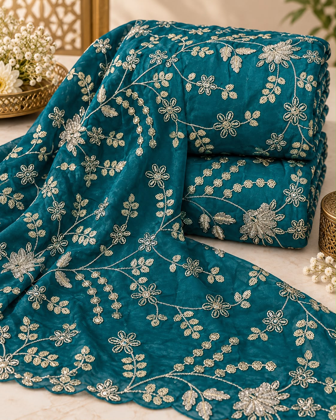 Deep Teal Floral Zari Sequin Embroidered Organza