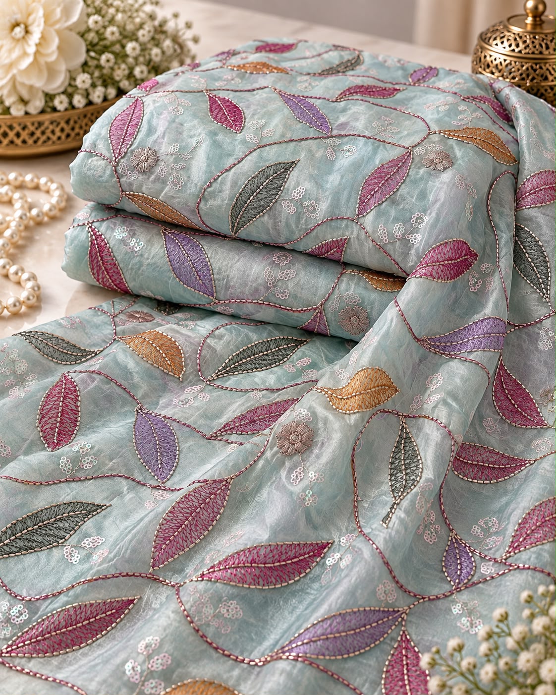 Red Multicolor Leaf Embroidered Designer Fabric