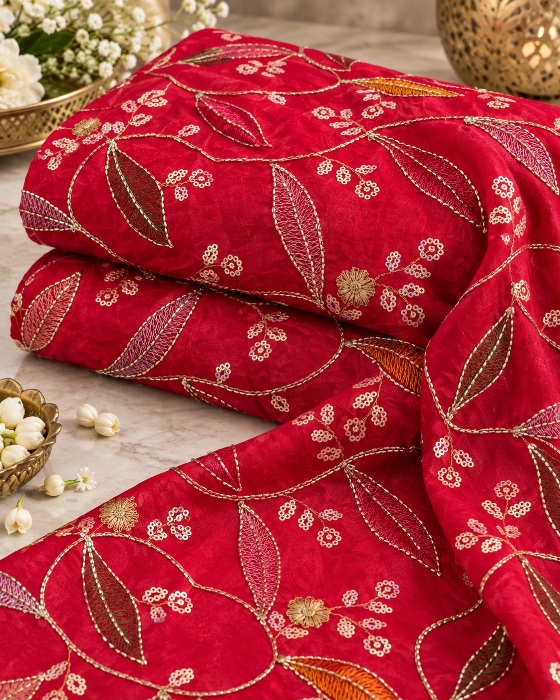 Ice Blue Multicolor Leaf Embroidered Designer Fabric