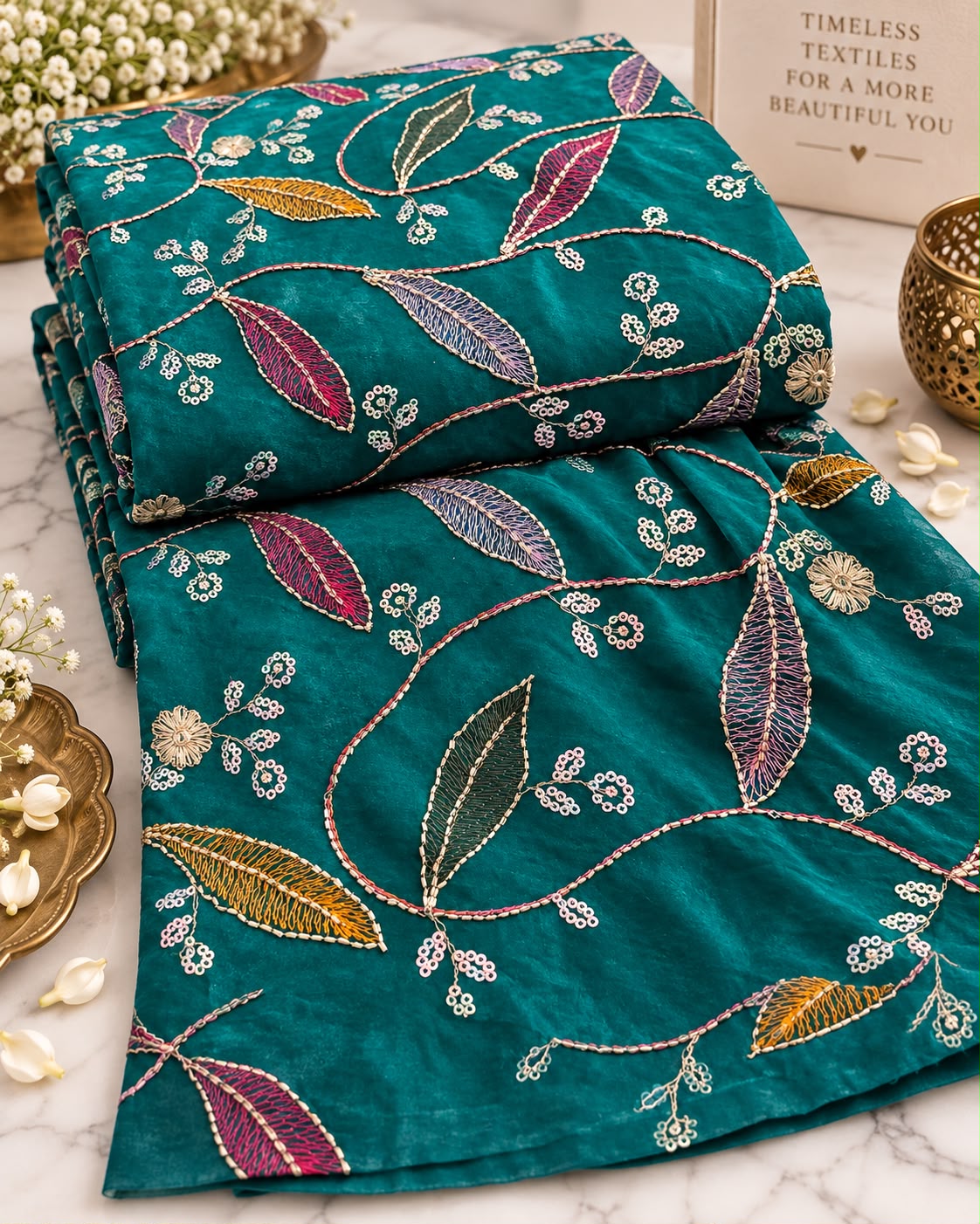 Bottle Green Metallic Floral Vine Embroidered Fabric