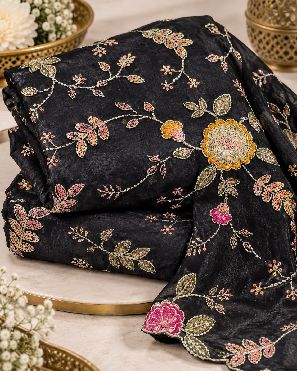 Mustard Gold Floral Vine Embroidered Designer Fabric