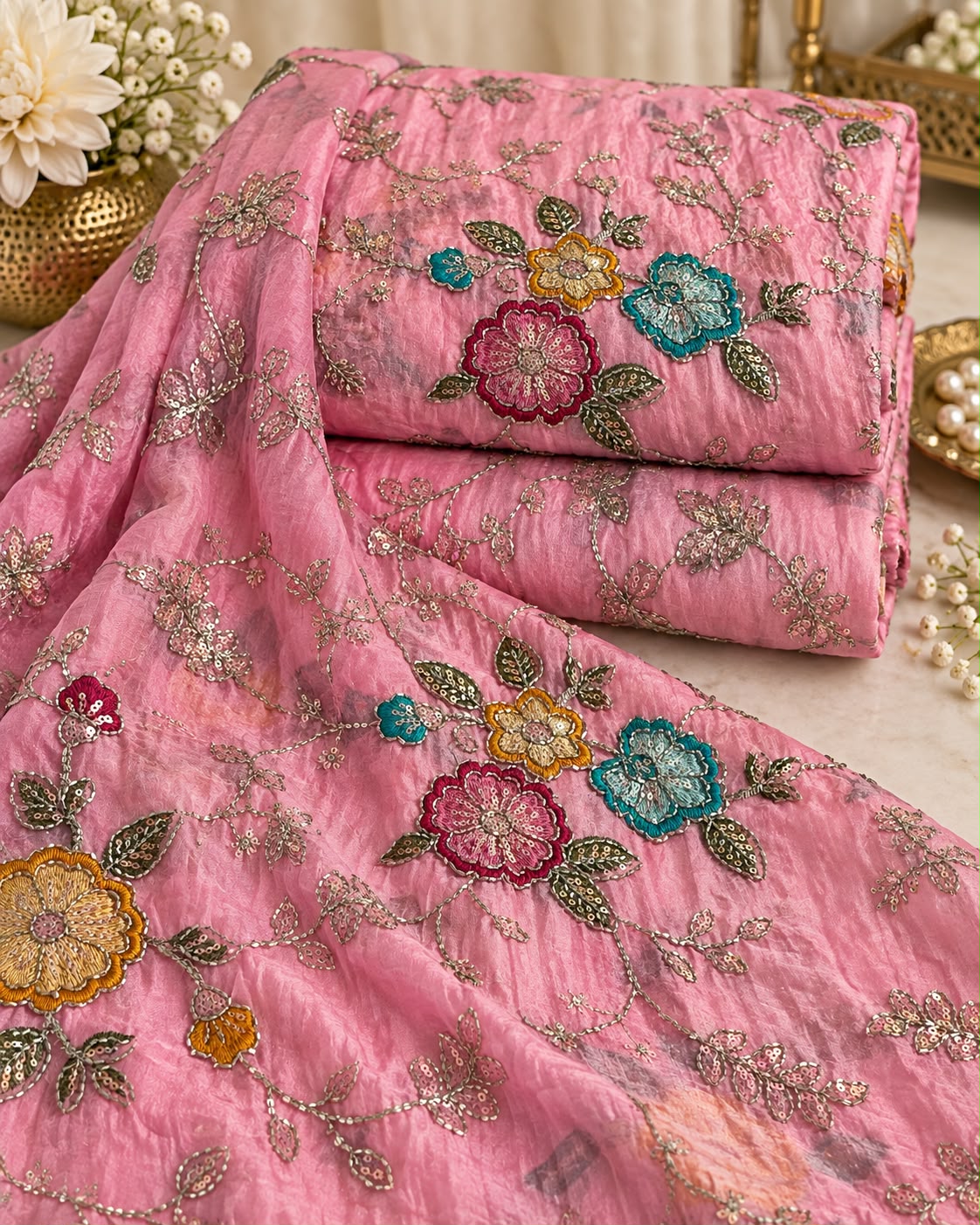 Royal Red Gold Floral Vine Embroidered Designer Fabric