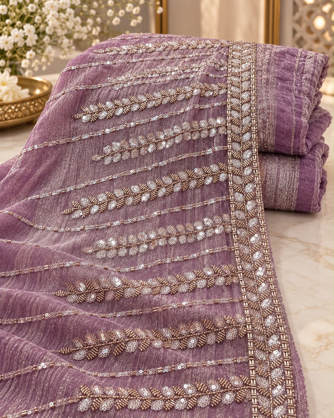 Mocha Taupe Linear Leaf Sequin Embroidered Net