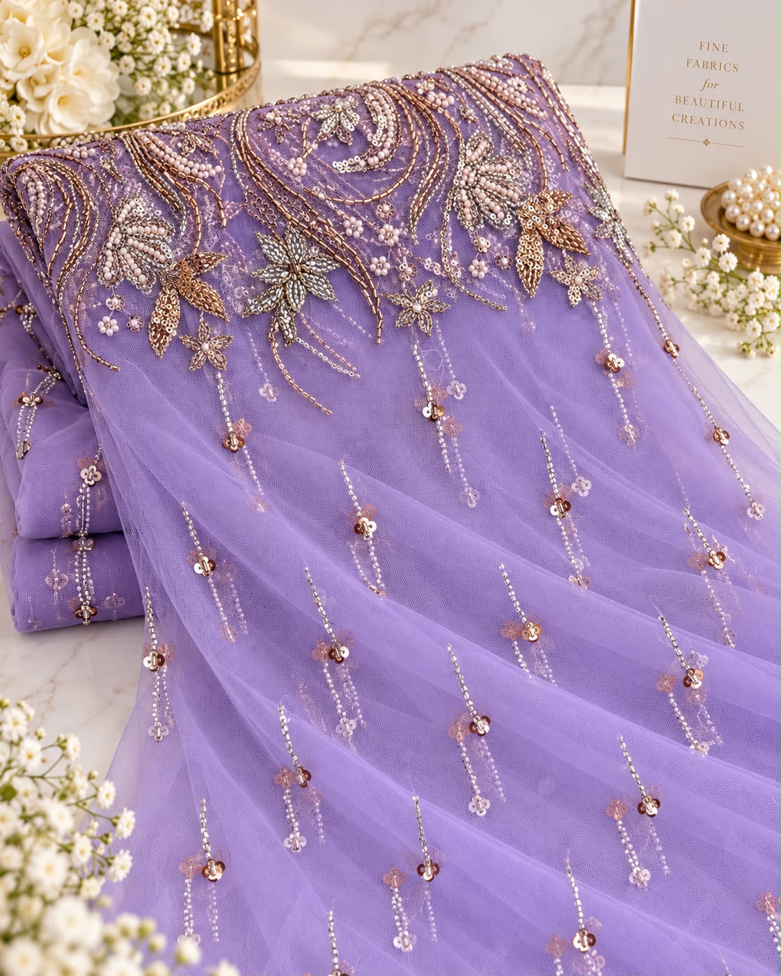 Lavender Floral Pearl & Sequin Embellished Net