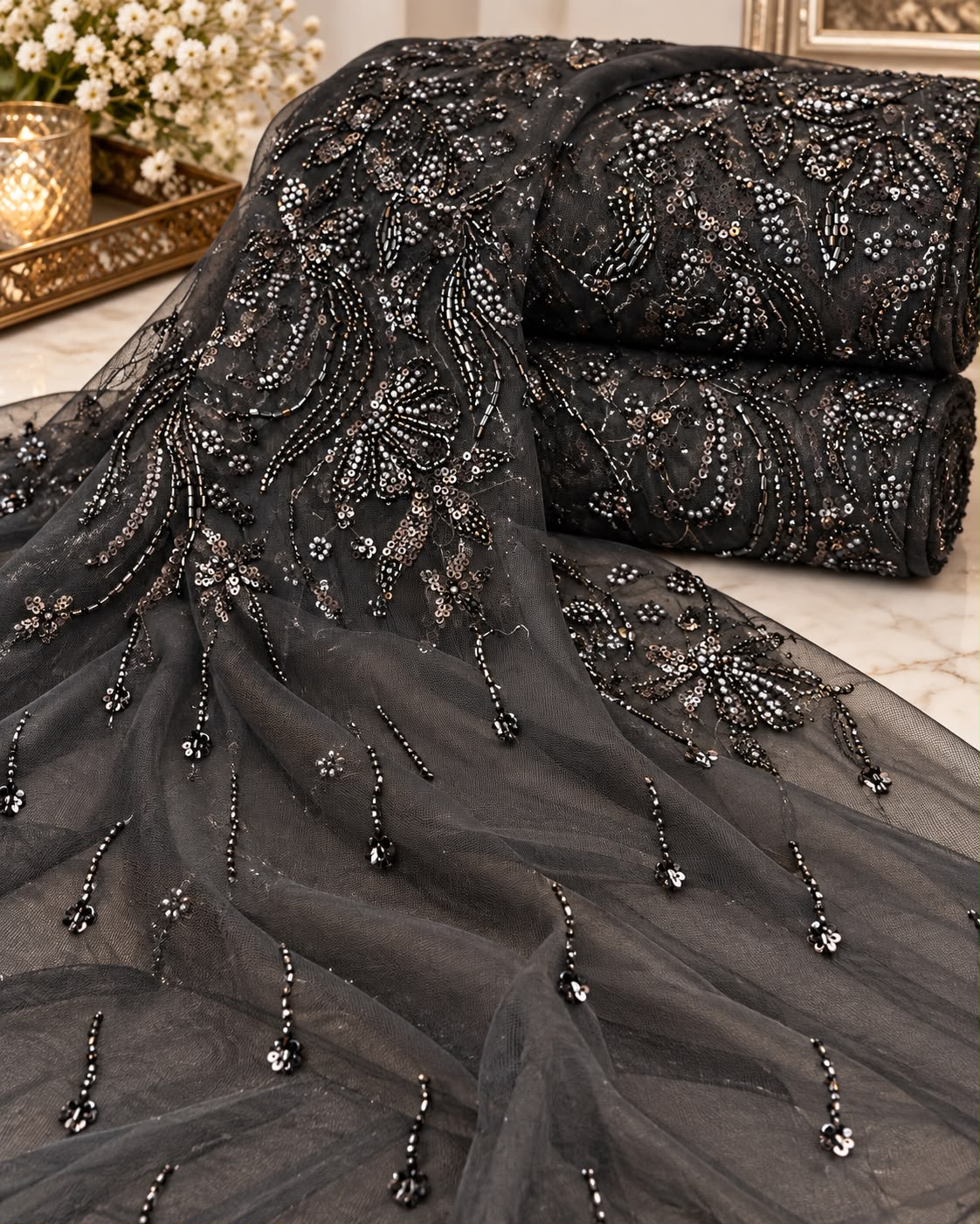 Black Floral Pearl & Sequin Embellished Net