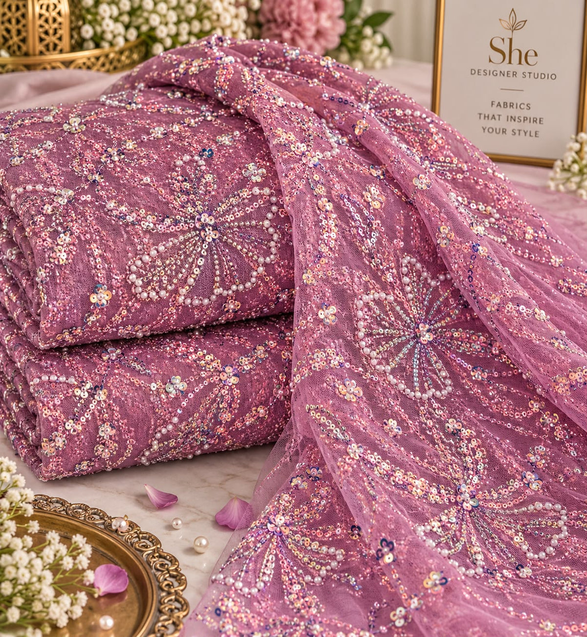 Rose Pink Pearl & Sequin Floral Embroidered Net