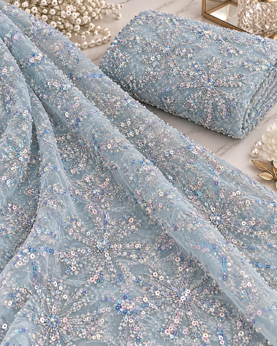 Ice Blue Pearl & Sequin Floral Embroidered Net