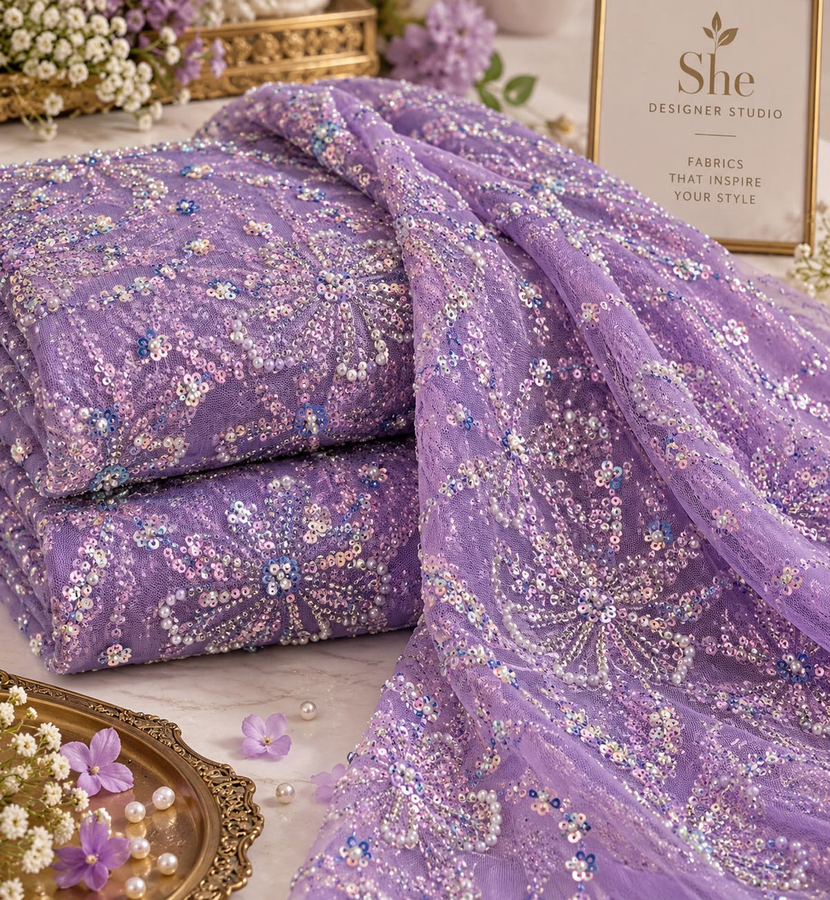 Lilac Purple Pearl & Sequin Floral Embroidered Net