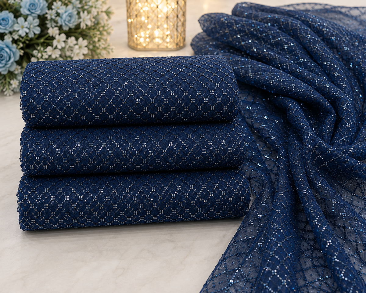 Midnight Navy Diamond Sequin Net Fabric