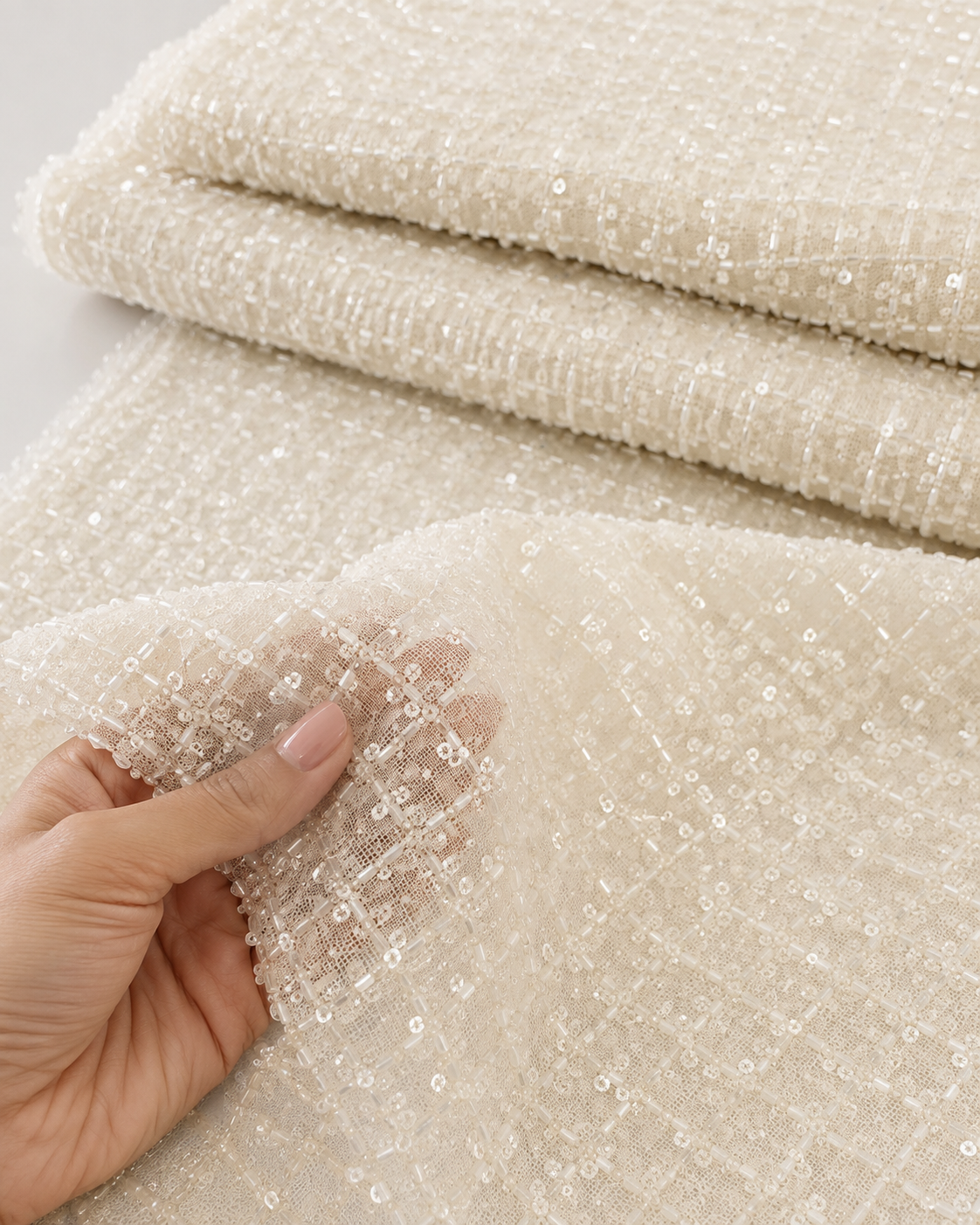 Ivory Crystal Beaded Sequin Net Fabric