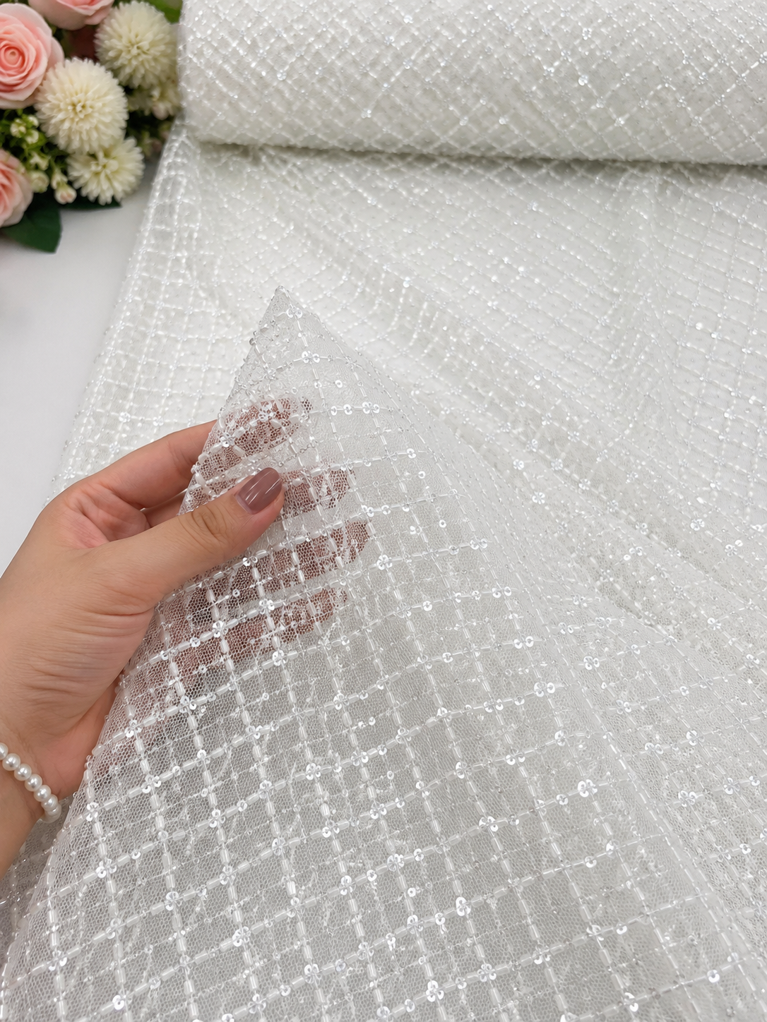 Ivory Crystal Diamond Sequin Net Fabric
