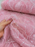 Blush Bloom 3D Floral Pearl & Sequin Net Fabric