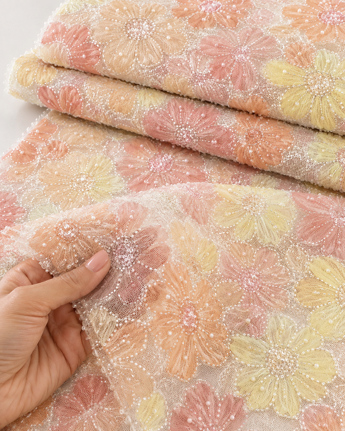 Pastel Garden Multicolour Floral Embellished Net Fabric