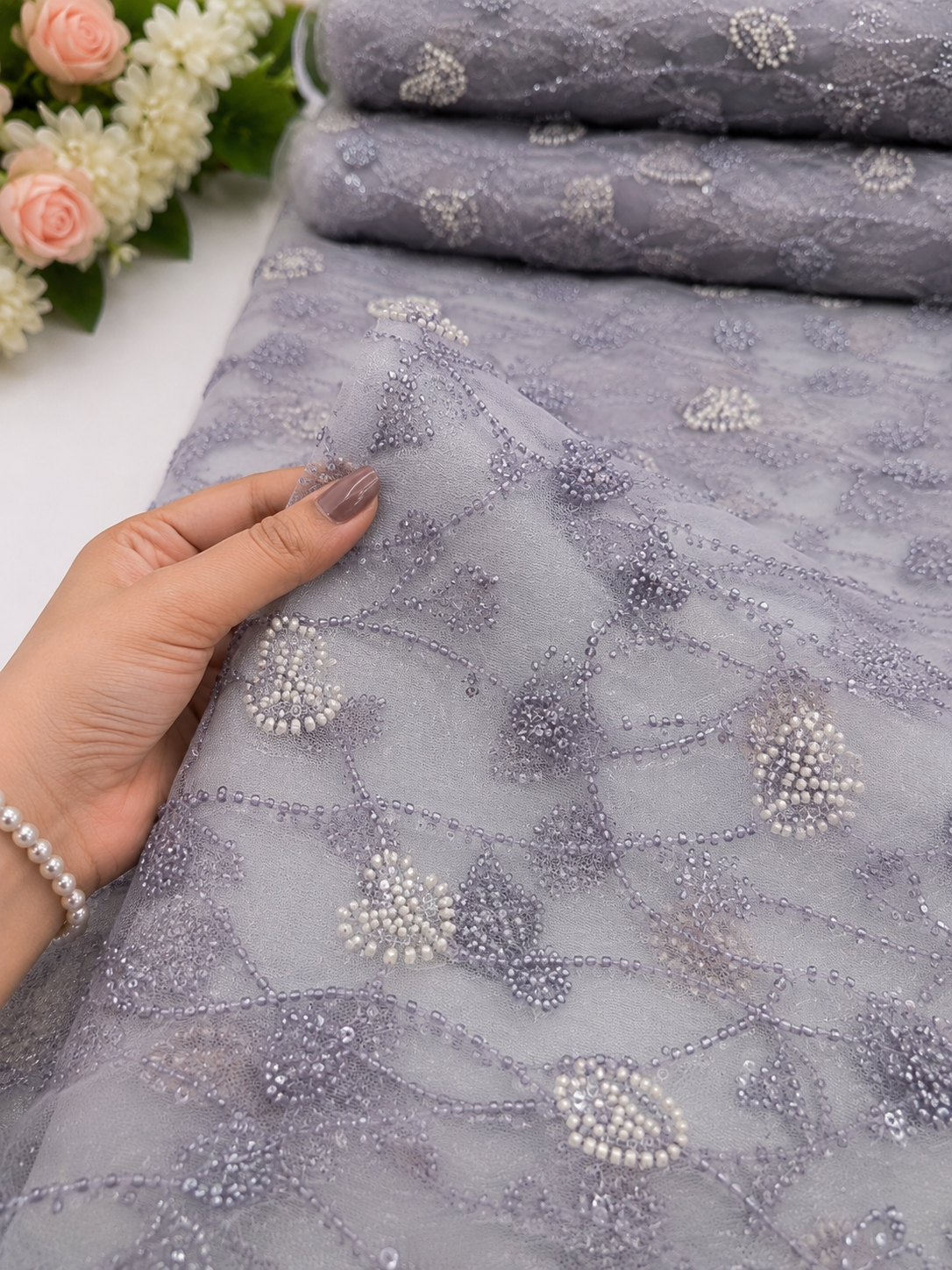 Grey Pearl Vine Embellished Net Fabric