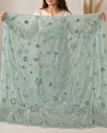 Aqua Mist Floral Medallion Heavy Embellished Net Fabric