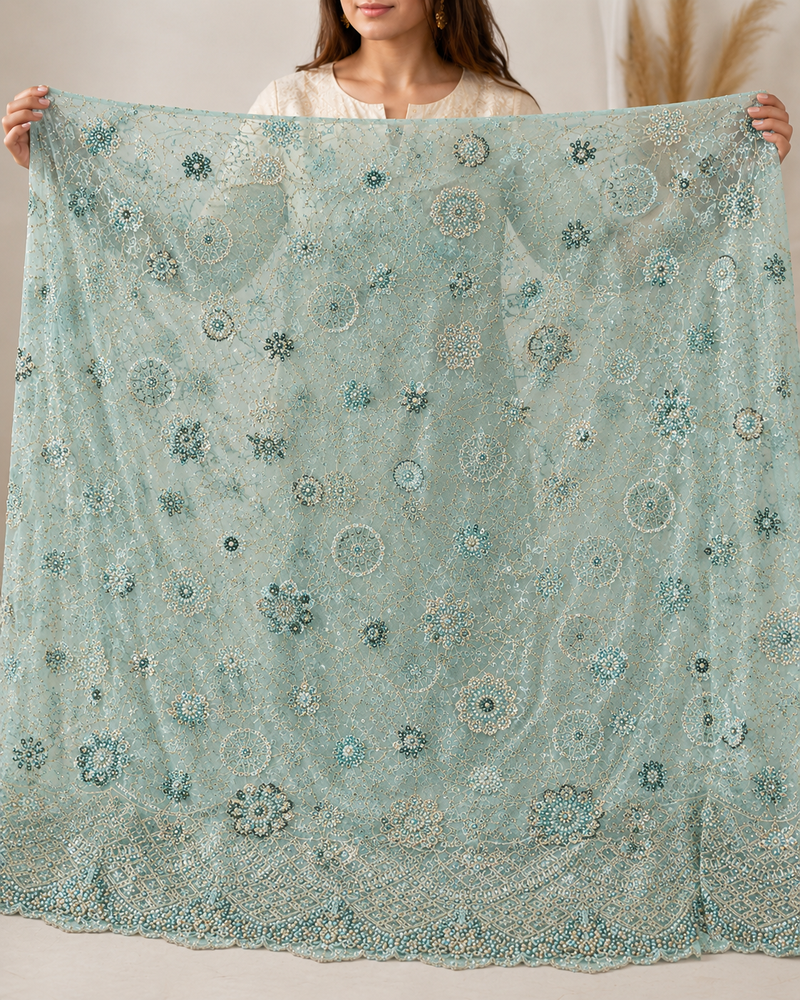 Aqua Mist Floral Medallion Heavy Embellished Net Fabric