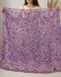 Royal Lavender Floral Medallion Heavy Embellished Net Fabric