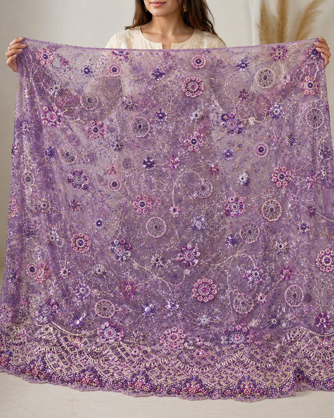 Royal Lavender Floral Medallion Heavy Embellished Net Fabric
