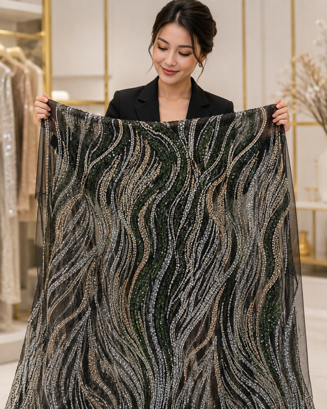 Emerald Noir Metallic Wave Sequin Net Fabric