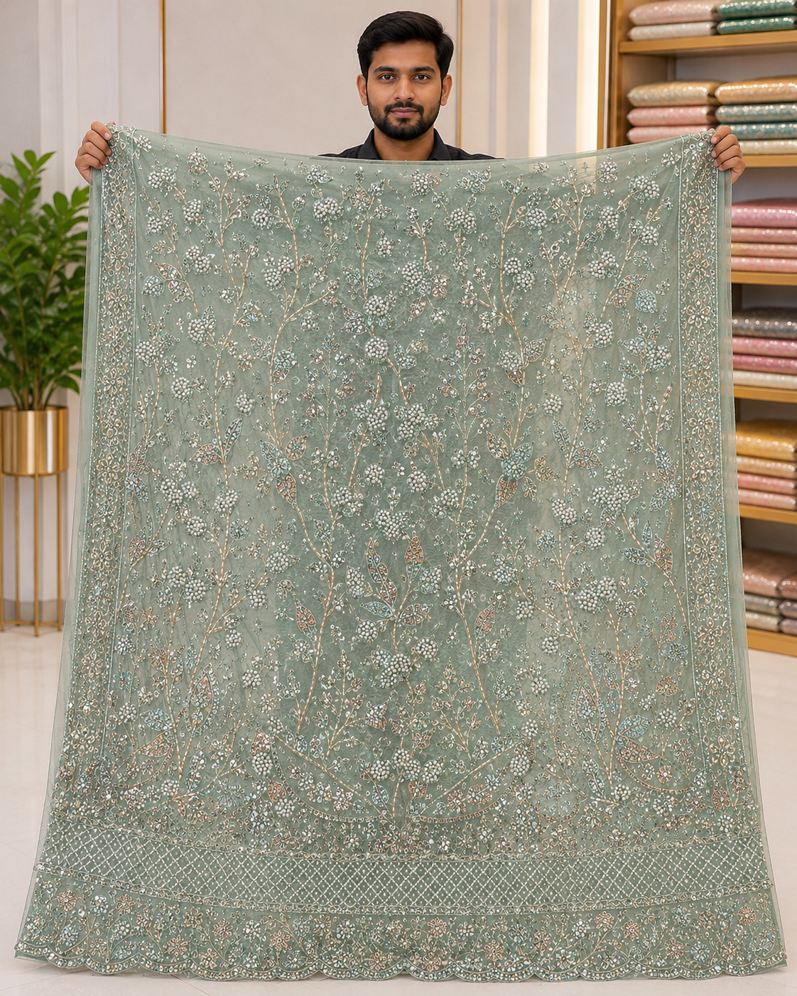 Sage Mint Pearl Floral Embellished Net Fabric