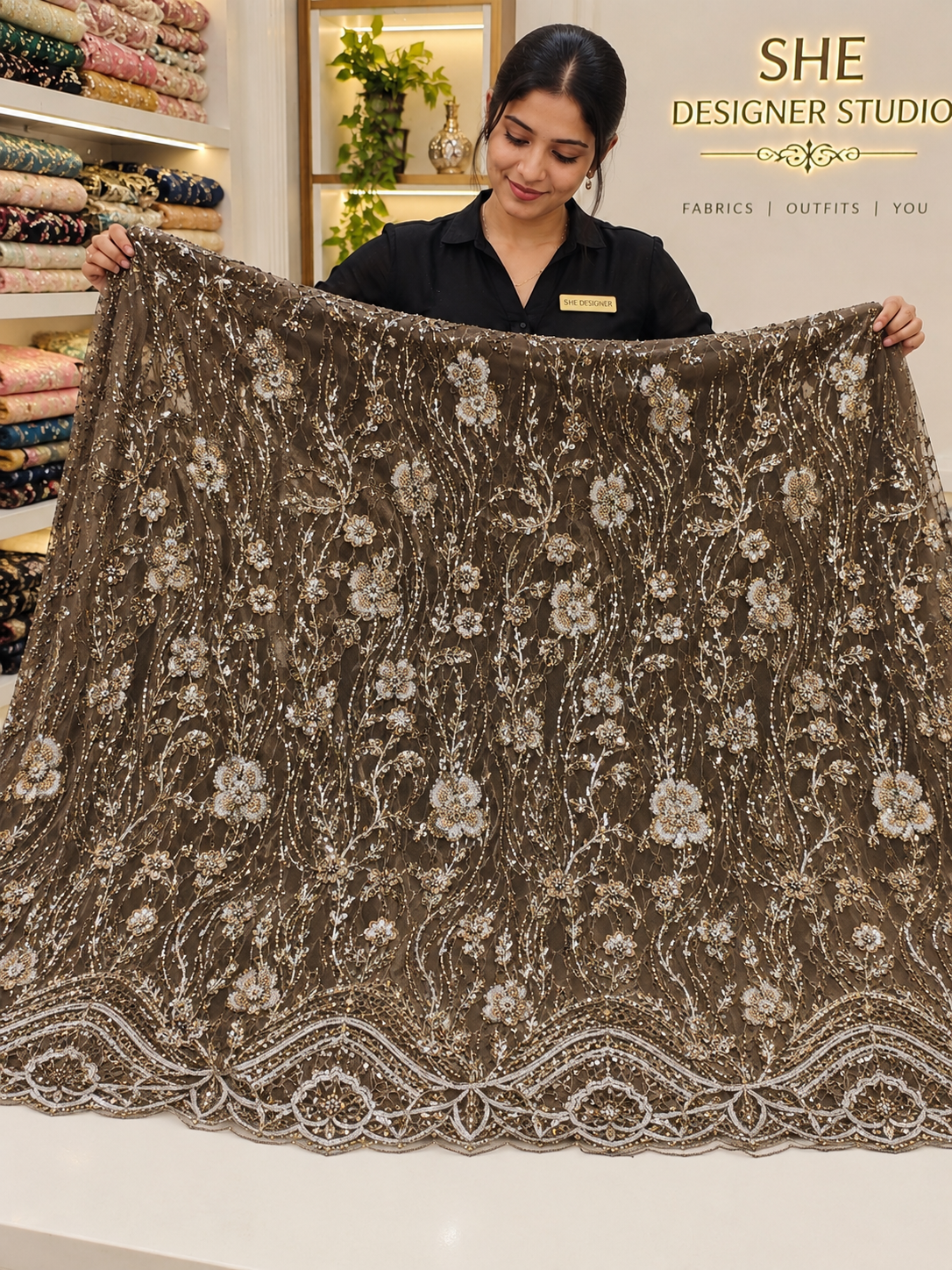 Mocha Brown Floral Sequin Embellished Net Fabric