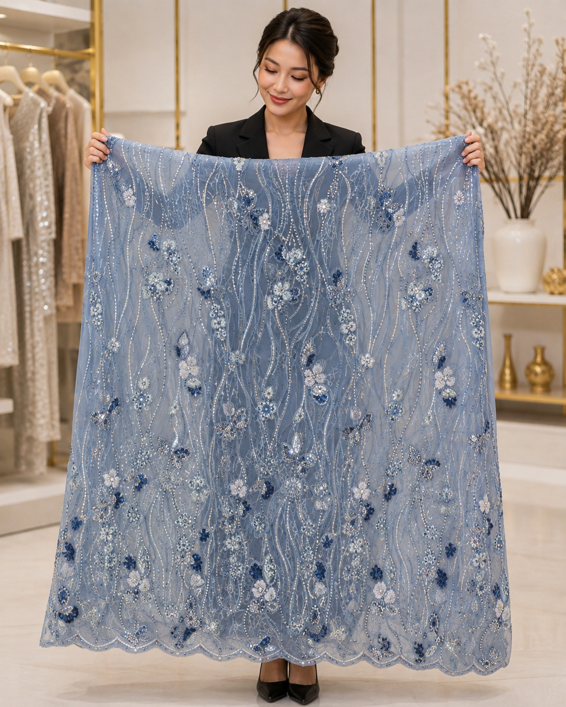 Dusty Blue Floral Sequin Embellished Net Fabric
