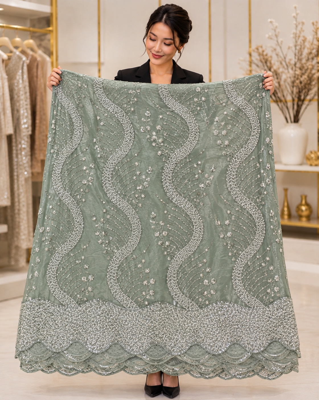 Sage Green Wave Embellished Designer Net Fabric