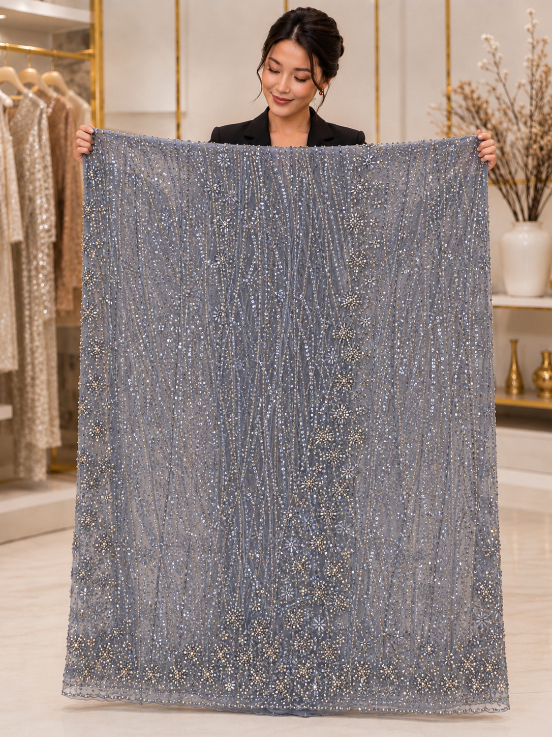 Steel Blue Vertical Sequin Floral Embellished Designer Net Fabric