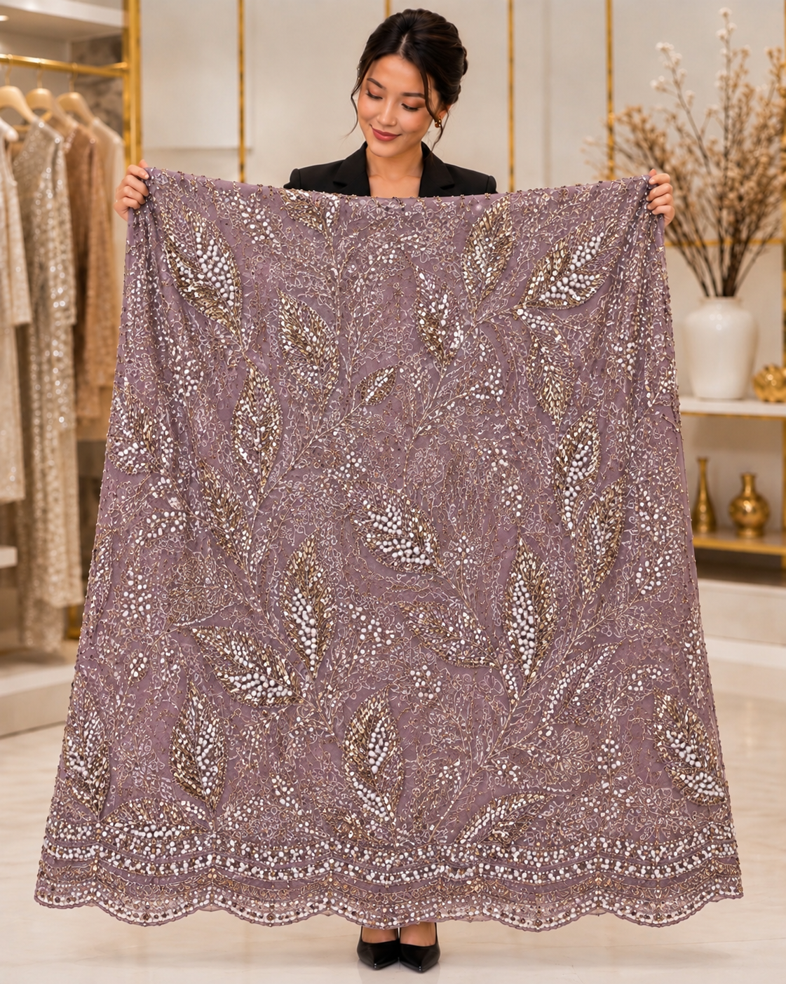 Dusty Mauve Leaf Vine Heavy Embellished Designer Net Fabric