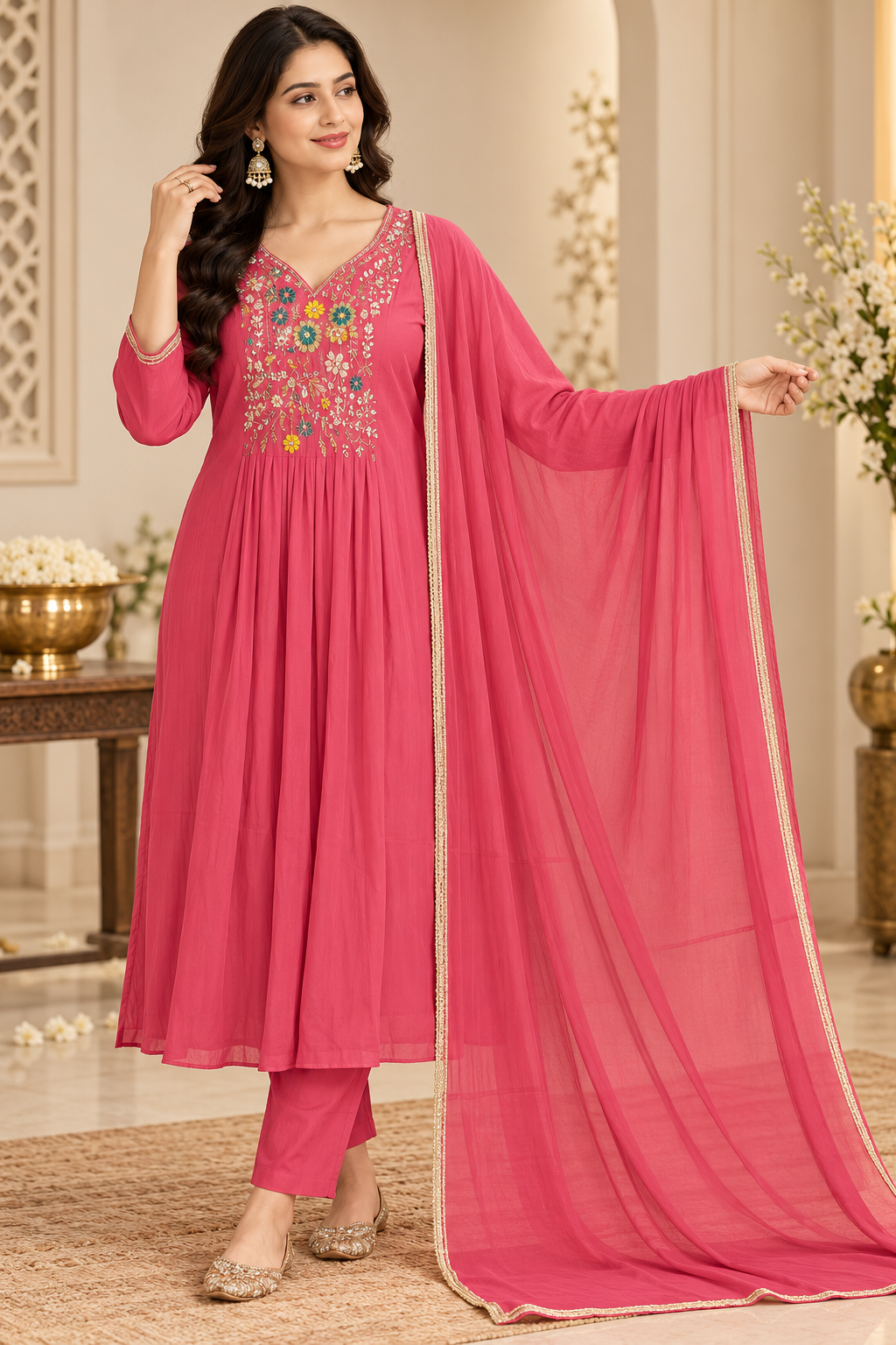 Rose Bloom Embroidered Flared Kurta Set