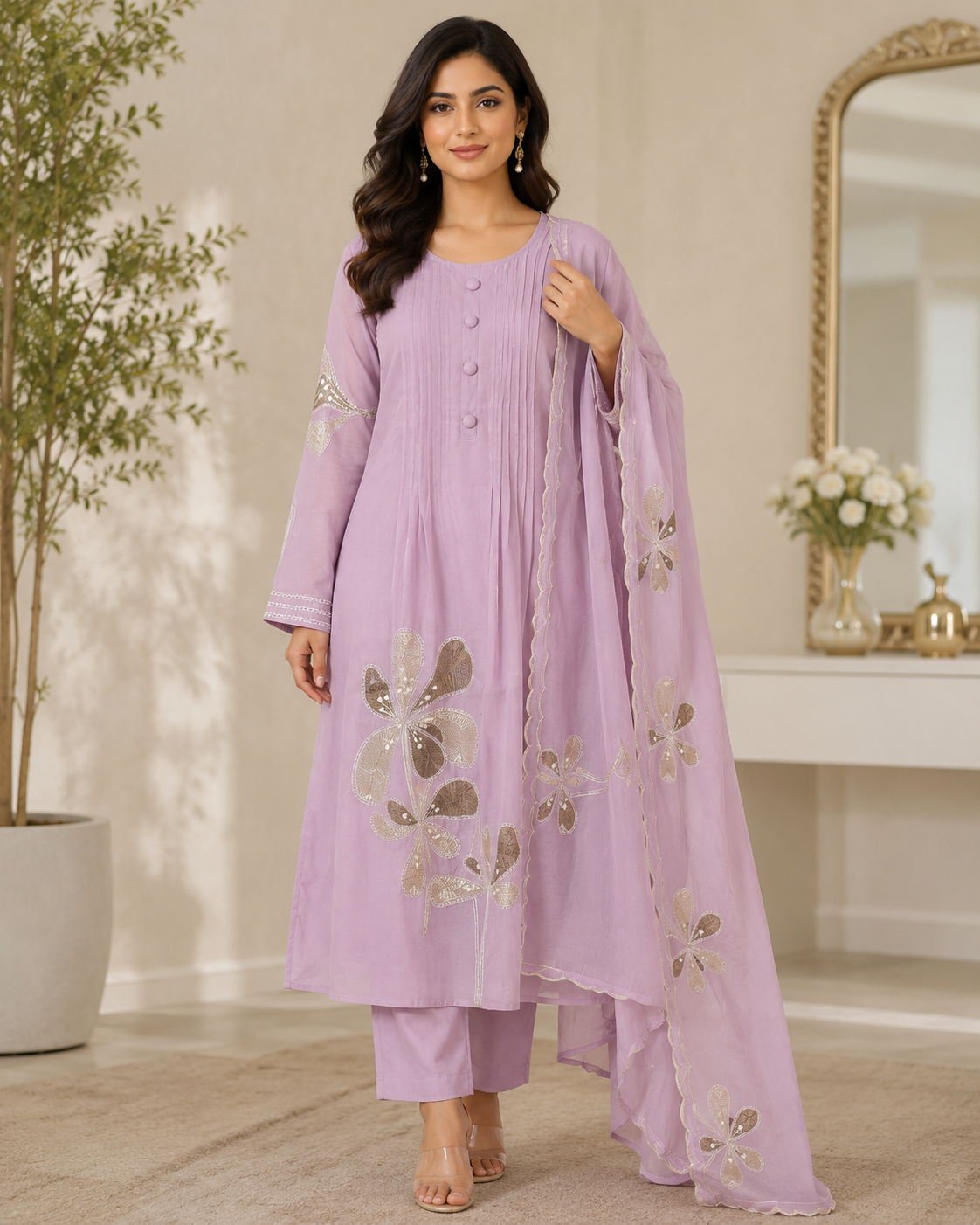 Lilac Blossom Embroidered Kurta Set