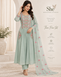 Mint Blossom Embroidered Three-Piece Anarkali Set