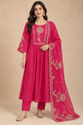 Rani Pink Floral Embroidered Three-Piece Anarkali Set
