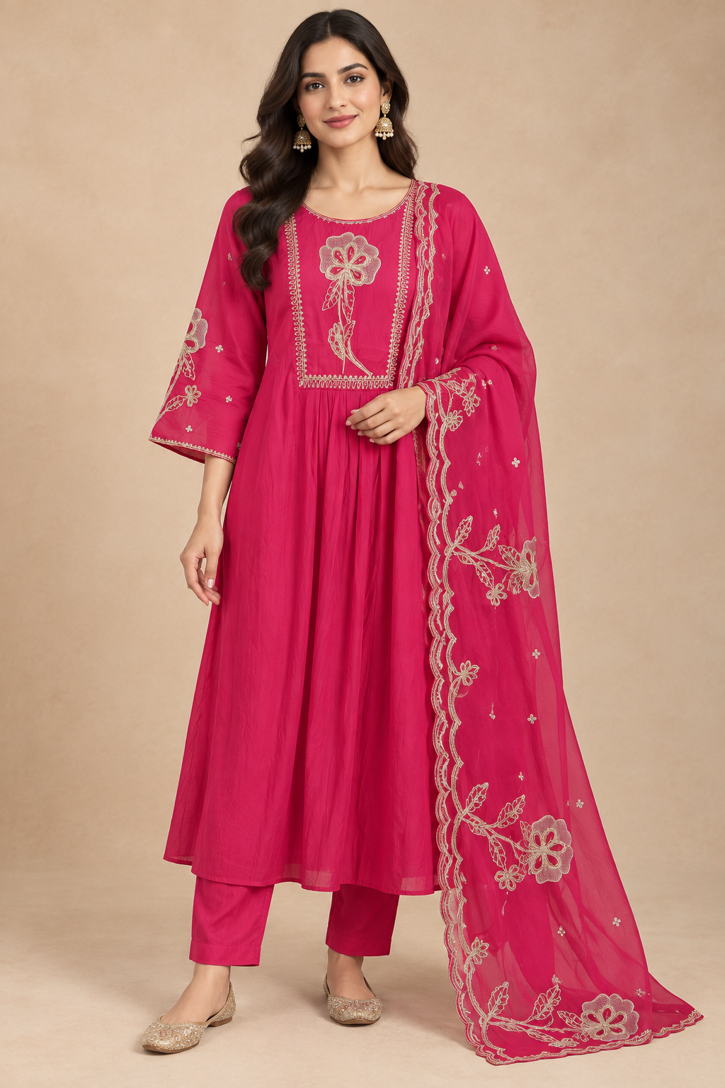 Rani Pink Floral Embroidered Three-Piece Anarkali Set
