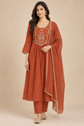 Rust Terracotta Embroidered Three-Piece Anarkali Set