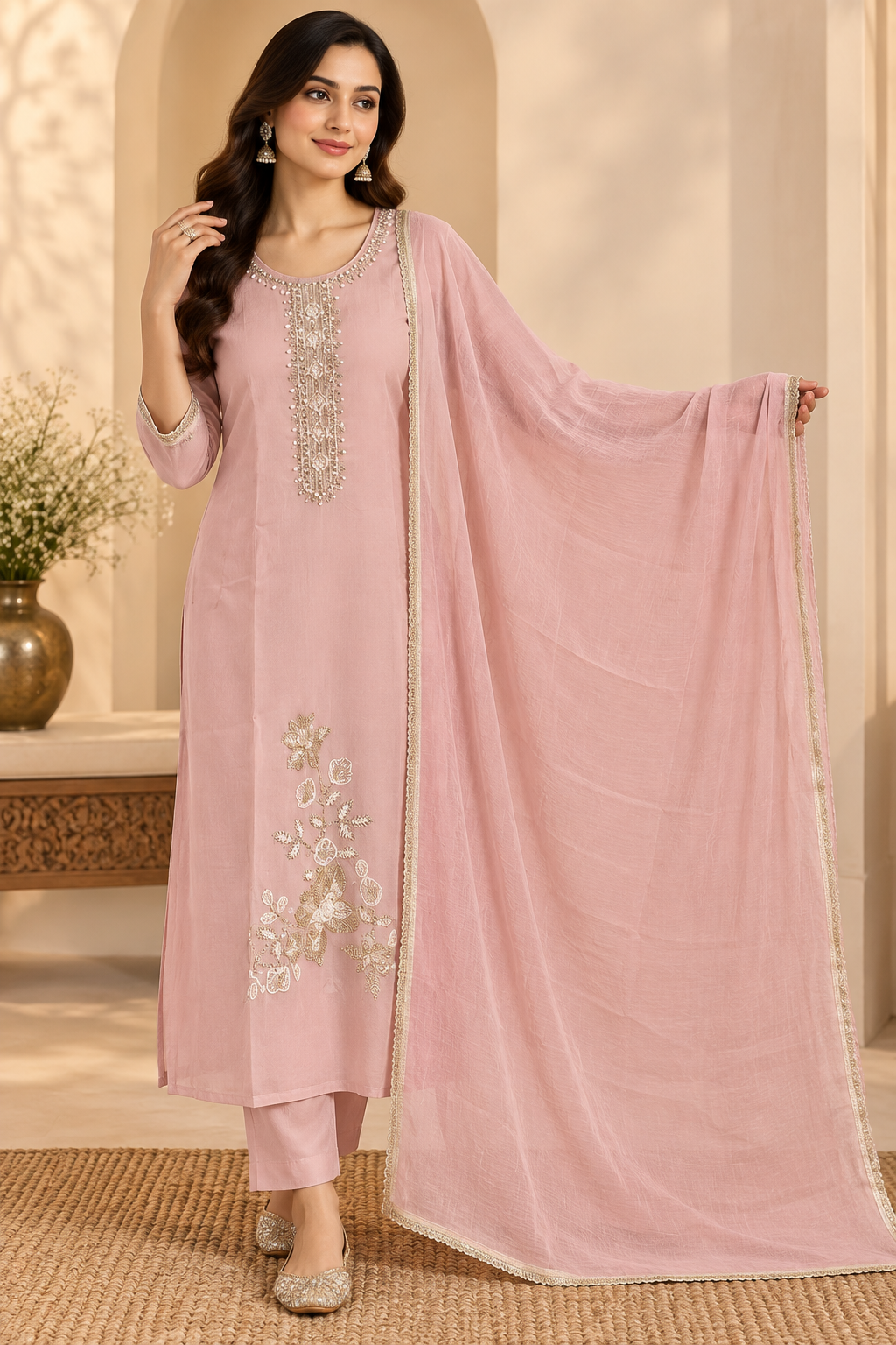 Blush Rose Gold Embroidered Kurta Set
