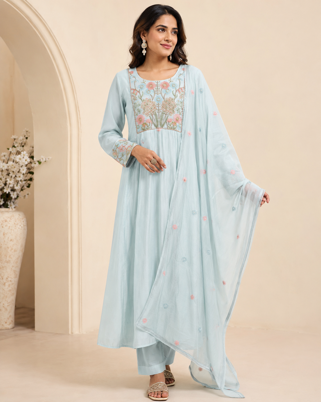 Ice Blue Garden Embroidered Anarkali Set