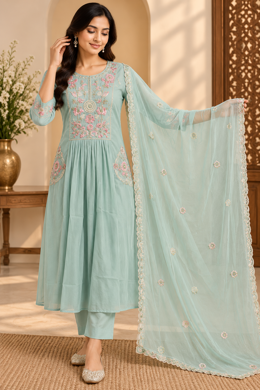 Aqua Blossom Embroidered Anarkali Set