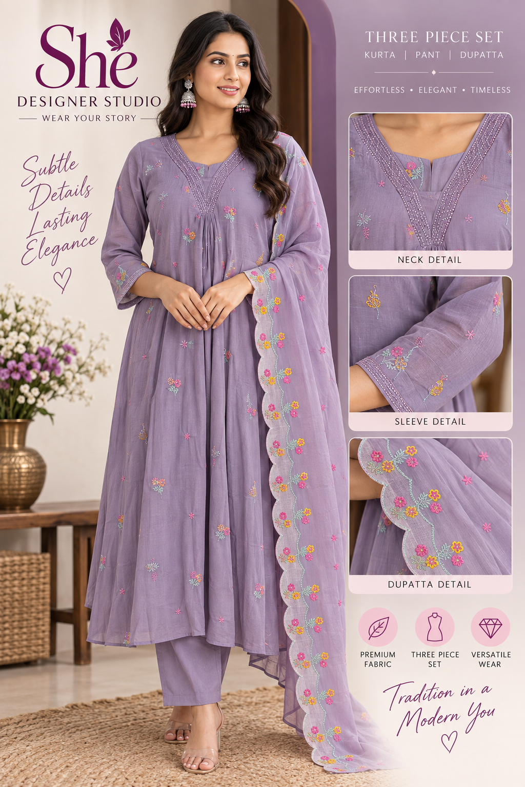 Lavender Bloom Embroidered Three-Piece Anarkali Set